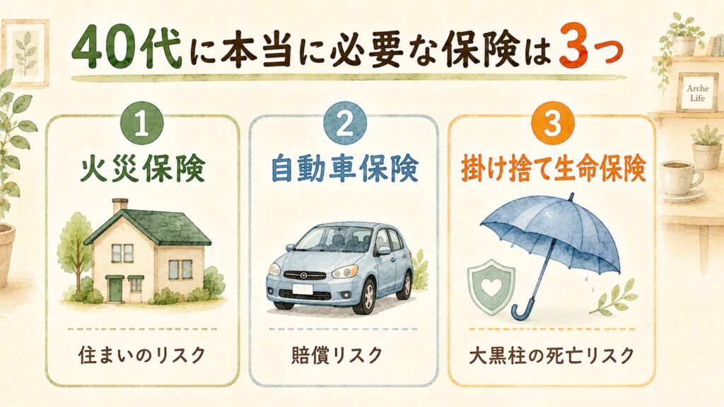 40代に本当に必要な保険は3つ:火災保険・自動車保険・掛け捨て生命保険の図解