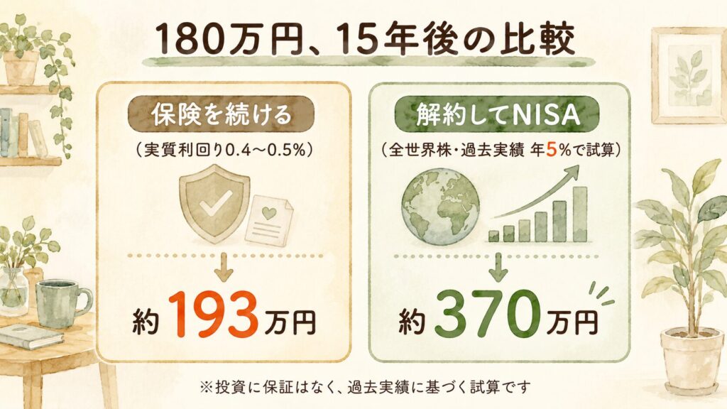 180万円を15年置いた比較：保険を続けると約193万円、解約してNISAなら過去実績の試算で約370万円