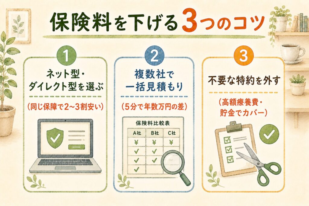 保険料を下げる3つのコツ:ネット型を選ぶ・一括見積もり・不要な特約を外すの図解