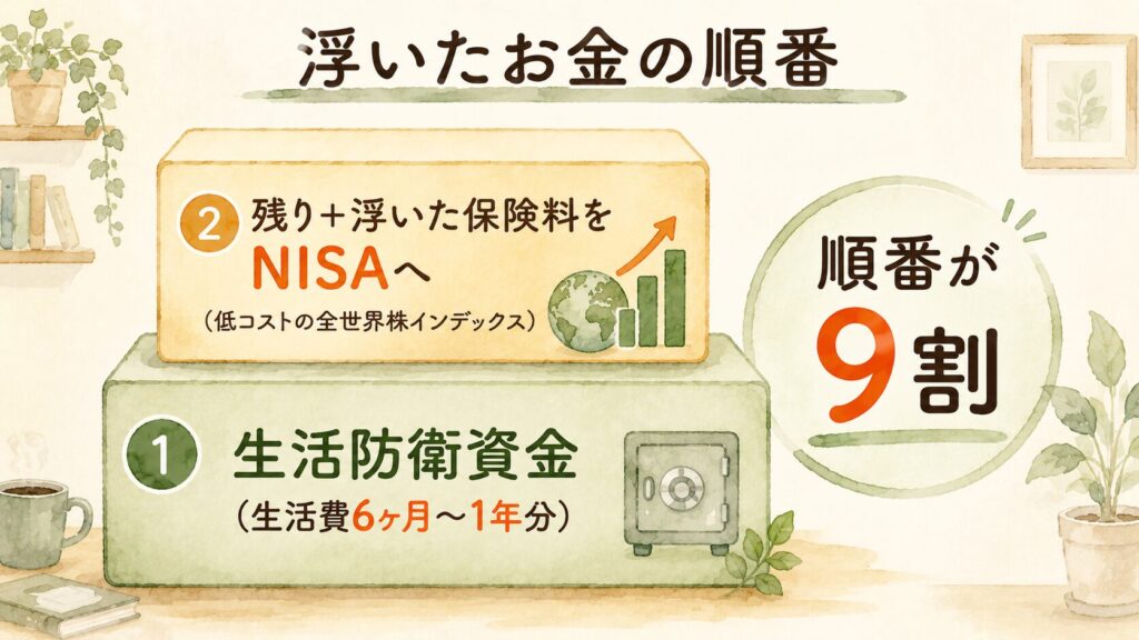 浮いたお金の移し先の順番：①生活防衛資金を土台に②残りをNISAの全世界株インデックスへ、の2段図解