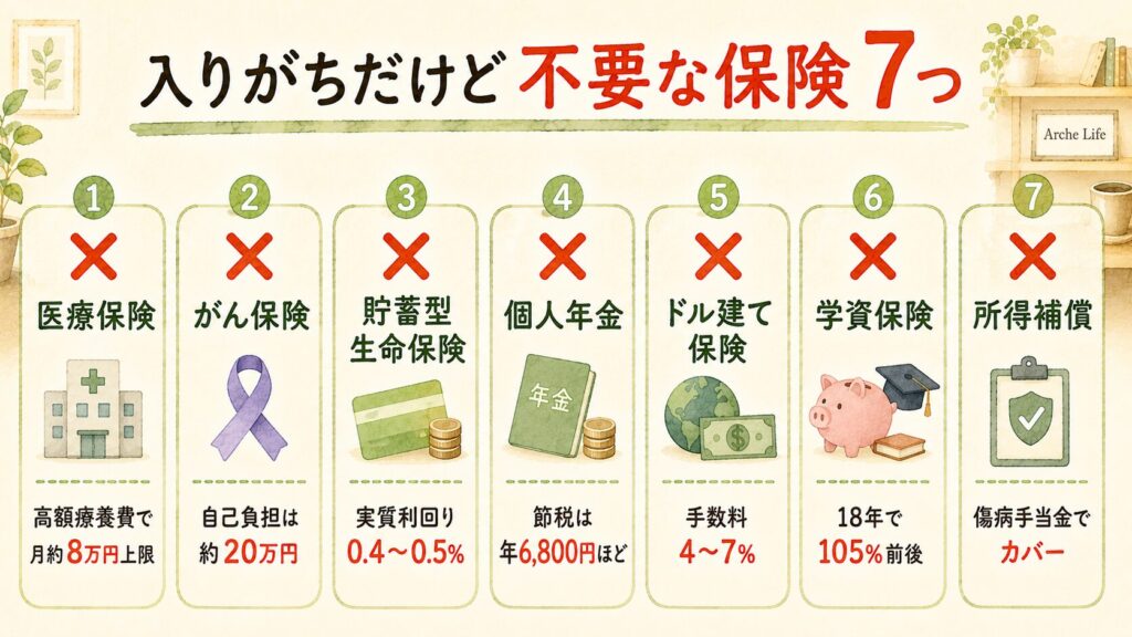 入りがちだけど不要な保険7つの一覧:医療保険・がん保険・貯蓄型・個人年金・ドル建て・学資・所得補償