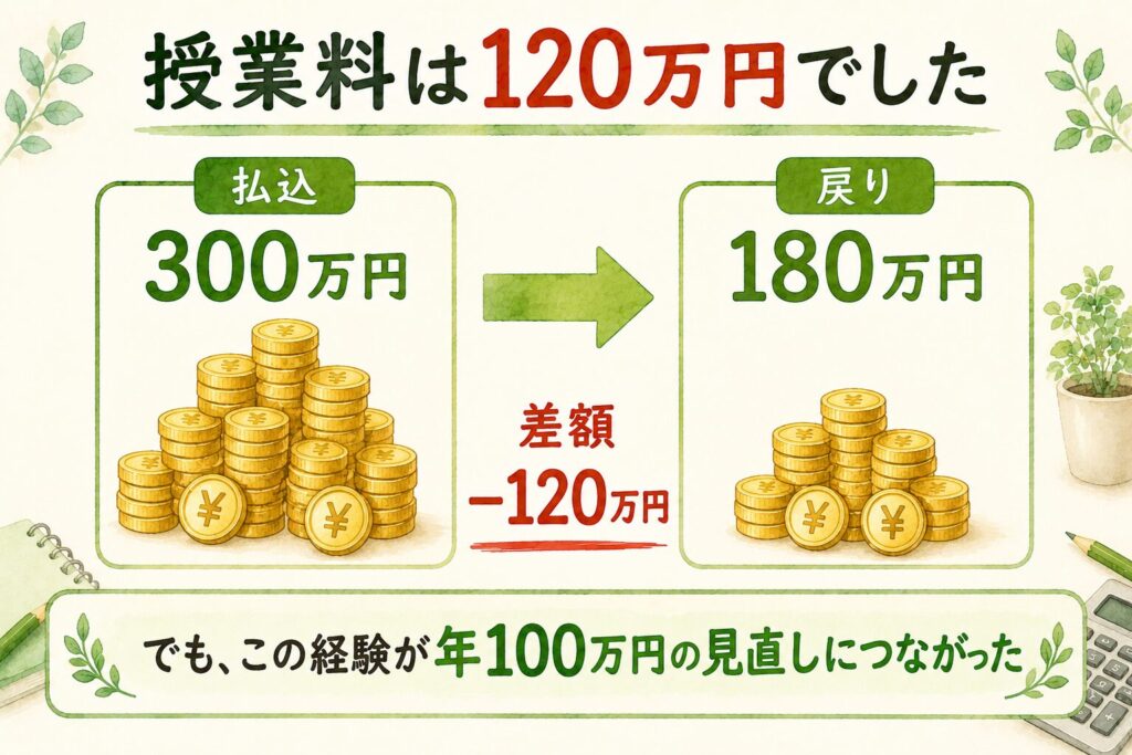 貯蓄型保険の解約体験:払込300万円に対し戻りは180万円、差額マイナス120万円の図解