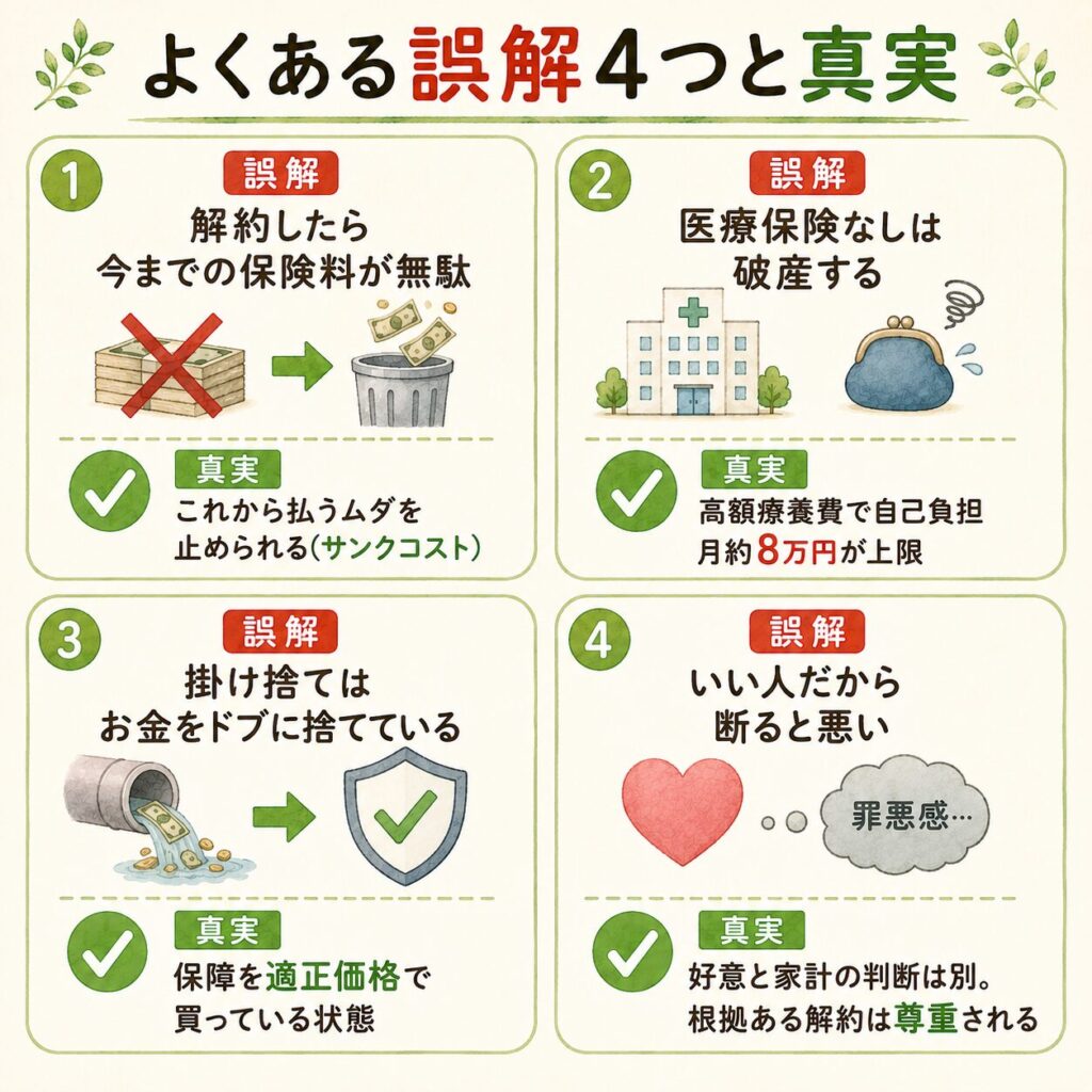 保険のよくある誤解4つと真実の対比図:解約はもったいない・医療保険がないと破産する等への反論