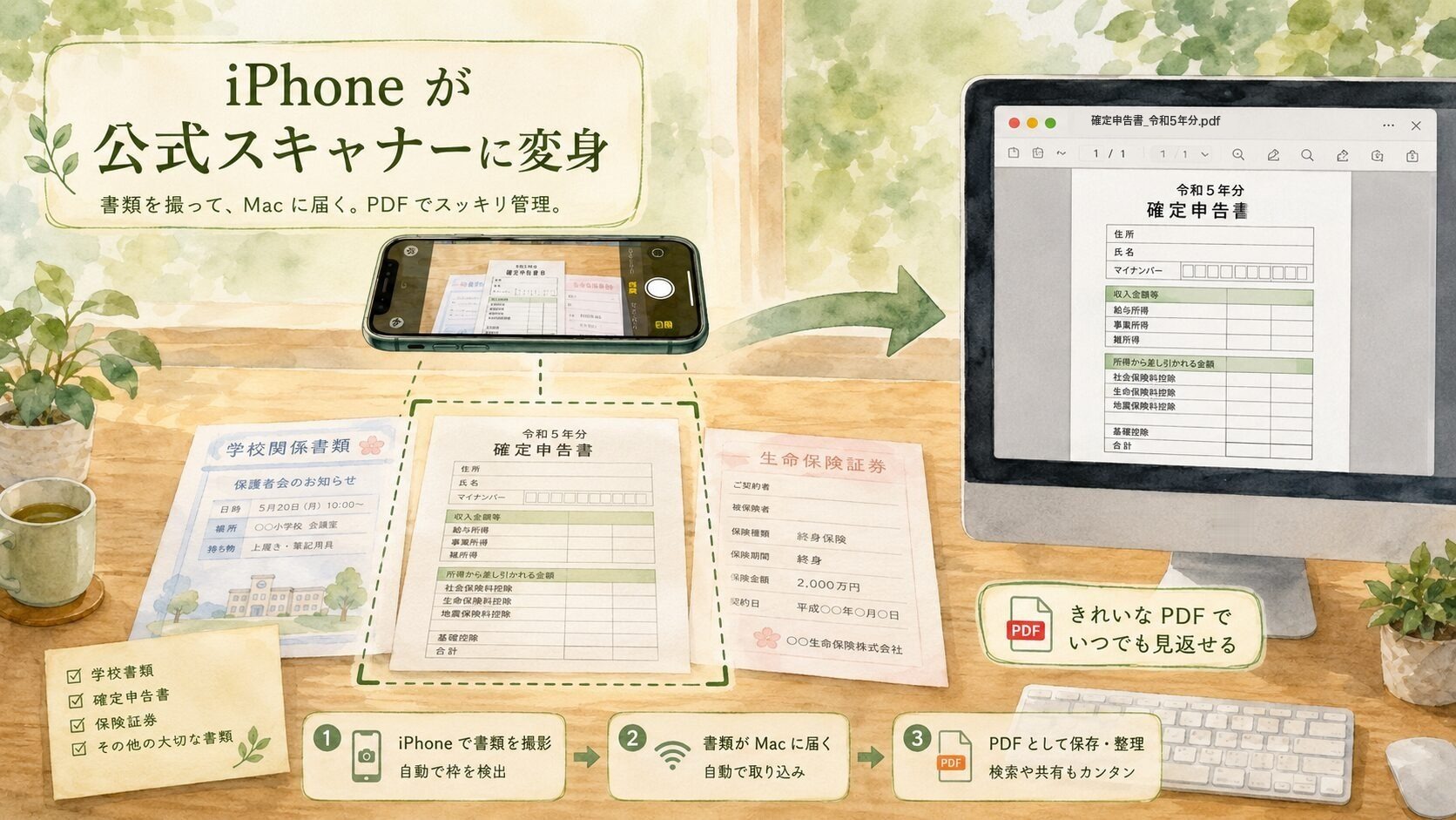 iPhoneで書類を撮ってMacにPDFで届ける流れの図。学校書類・確定申告書・保険証券を撮影し、Macできれいなファイルとして保存できる