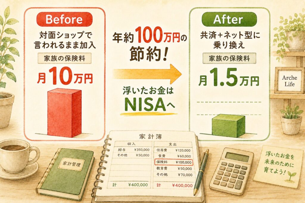 保険見直し前後の比較:家族の保険料が月10万円から月1.5万円へ、年約100万円節約