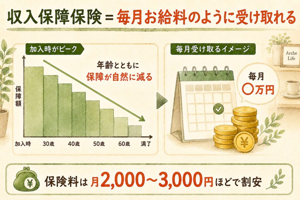 収入保障保険の仕組み:保障が年齢とともに減る階段グラフと毎月給料のように受け取るイメージ図