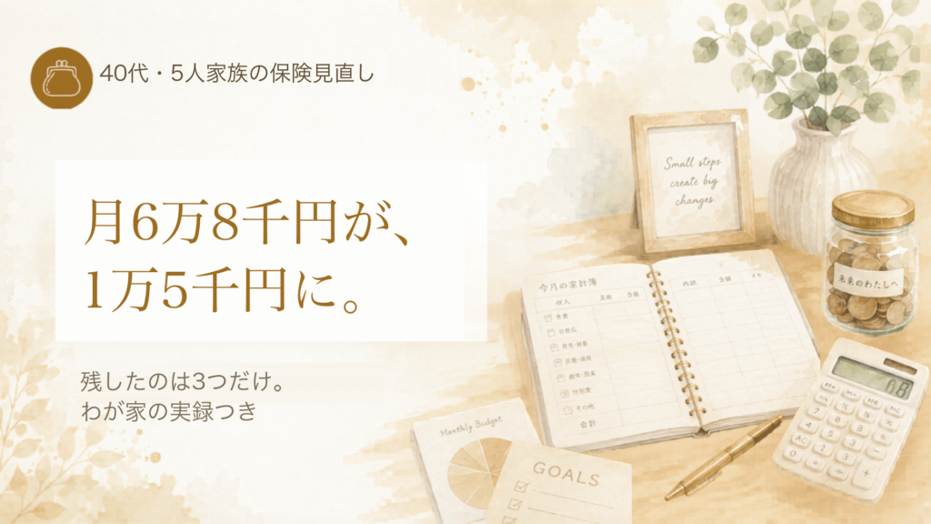 保険見直し完全ガイドのアイキャッチ。40代・5人家族の保険見直し。月6万8千円が、1万5千円に。わが家の実録つき
