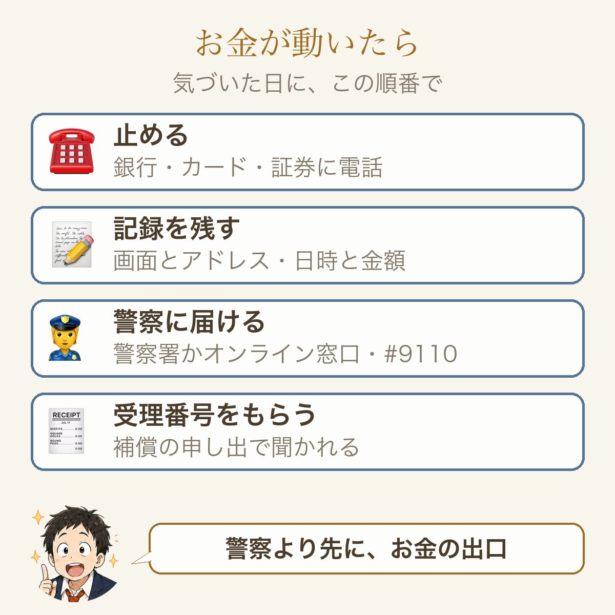 お金が動いたら、気づいた日にこの順番で。止める=銀行・カード・証券に電話。記録を残す=画面とアドレス・日時と金額。警察に届ける=警察署かオンライン窓口・#9110。受理番号をもらう=補償の申し出で聞かれる