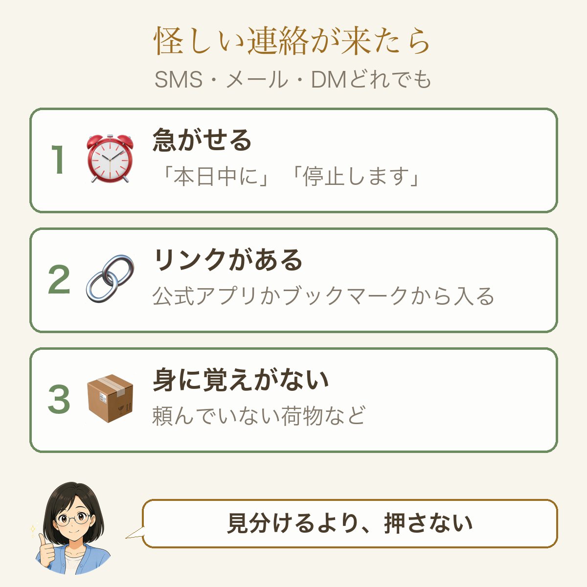 怪しい連絡が来たら。SMS・メール・DMどれでも、押す前に止まる3つ。1 急がせる=本日中に・停止します。2 リンクがある=公式アプリかブックマークから入る。3 身に覚えがない=頼んでいない荷物など