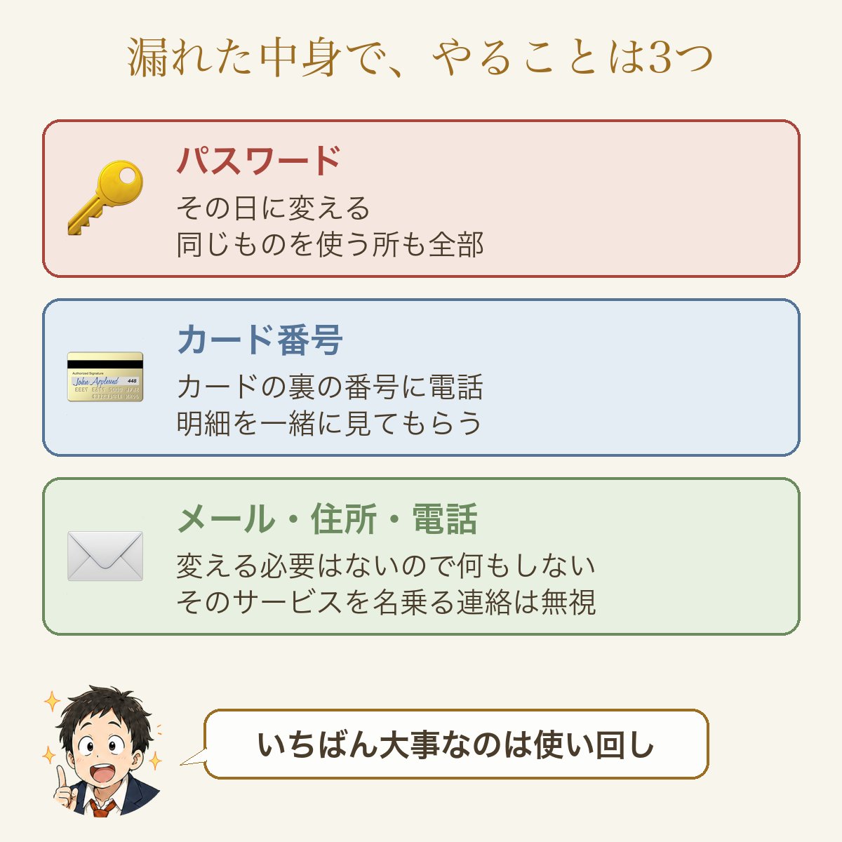 漏れた中身で、やることは3つ。パスワード＝その日に変える、同じものを使う所も全部。カード番号＝カードの裏の番号に電話、明細を一緒に見てもらう。メール・住所・電話＝変える必要はないので何もしない、そのサービスを名乗る連絡は無視