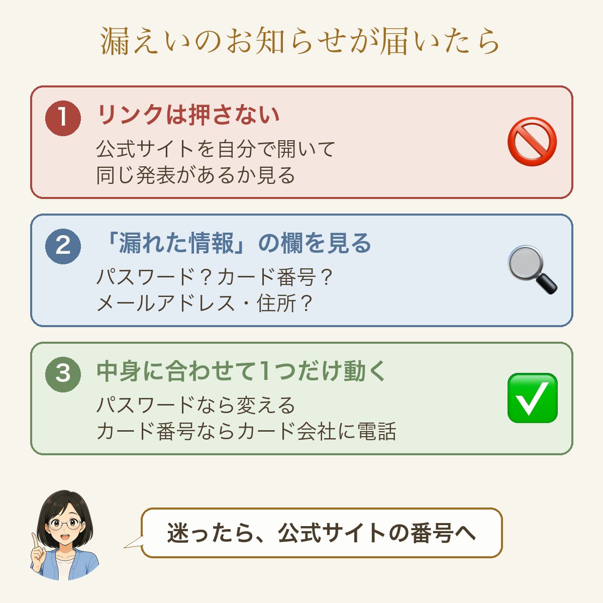 漏えいのお知らせが届いたら3つの順番。1 リンクは押さない＝公式サイトを自分で開いて同じ発表があるか見る。2 「漏れた情報」の欄を見る＝パスワード？カード番号？メールアドレス・住所？ 3 中身に合わせて1つだけ動く＝パスワードなら変える、カード番号ならカード会社に電話