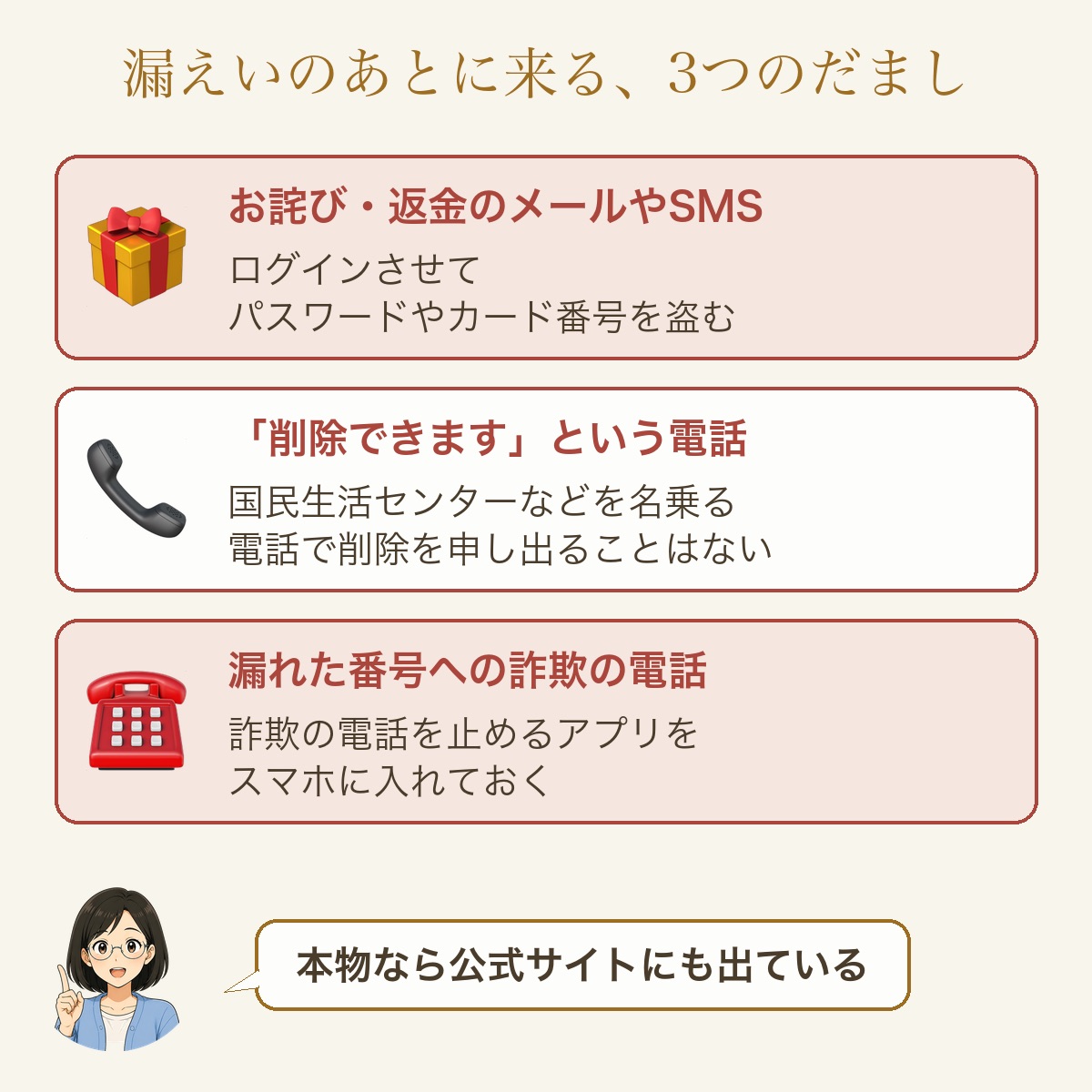 漏えいのあとに来る3つのだまし。お詫び・返金のメールやSMS＝ログインさせてパスワードやカード番号を盗む。削除できますという電話＝国民生活センターなどを名乗る、電話で削除を申し出ることはない。漏れた番号への詐欺の電話＝詐欺の電話を止めるアプリをスマホに入れておく