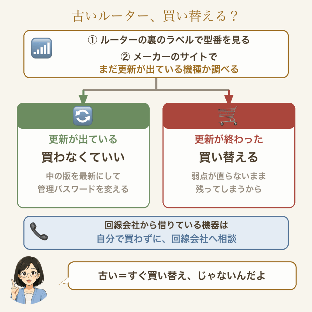 分かれ道の図。メーカーの更新が出ているなら買わずに中の版を最新に。更新が終わった機種は買い替え。借りている機器は回線会社へ