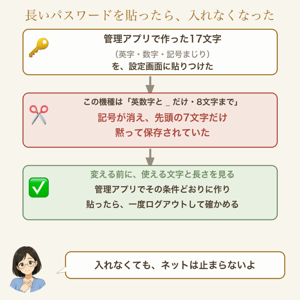 落とし穴の図。長いパスワードを貼ったら、使える文字と長さの決まりで記号が消え、短いものだけ保存されていた