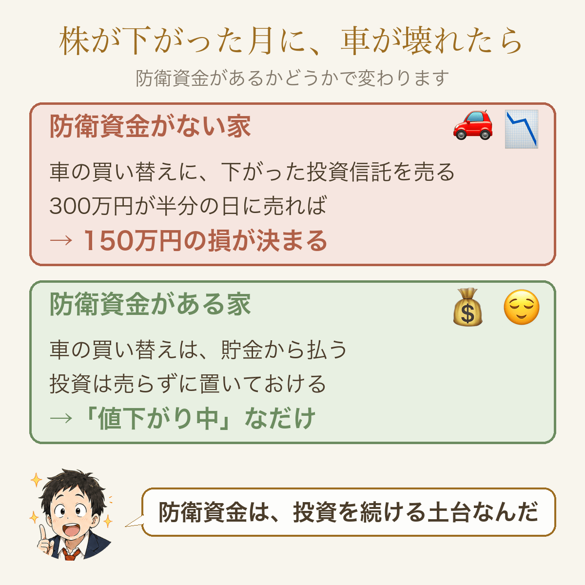 防衛資金がある家とない家で、株が下がった月に車が壊れたときの違い