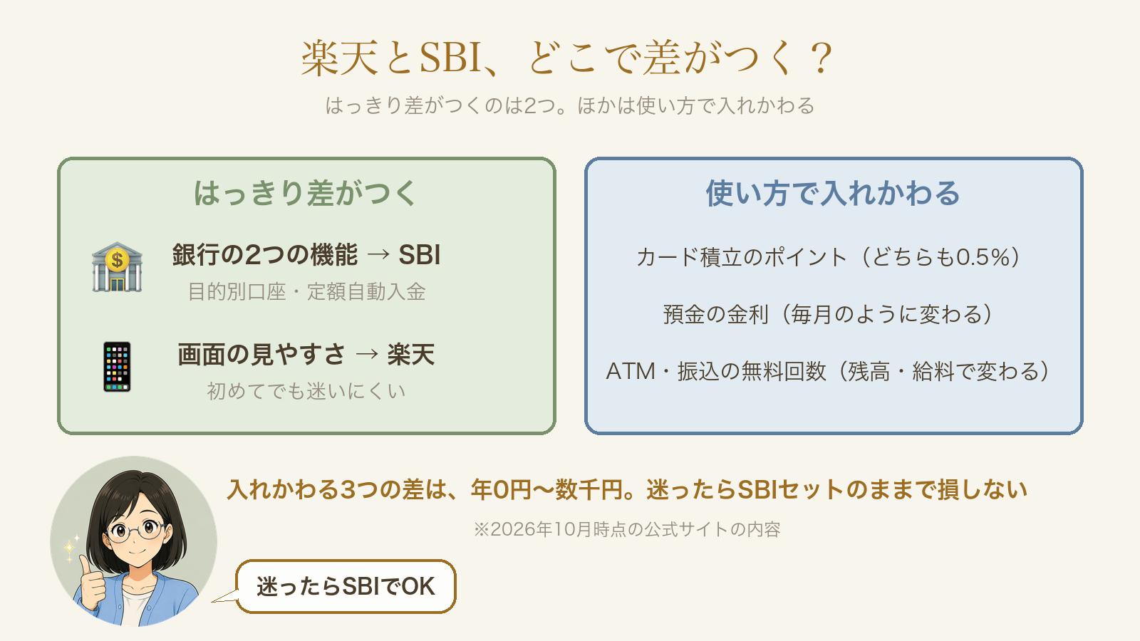 楽天とSBIではっきり差がつくのは銀行の機能と画面の見やすさ。ポイント・金利・手数料は使い方で入れかわる
