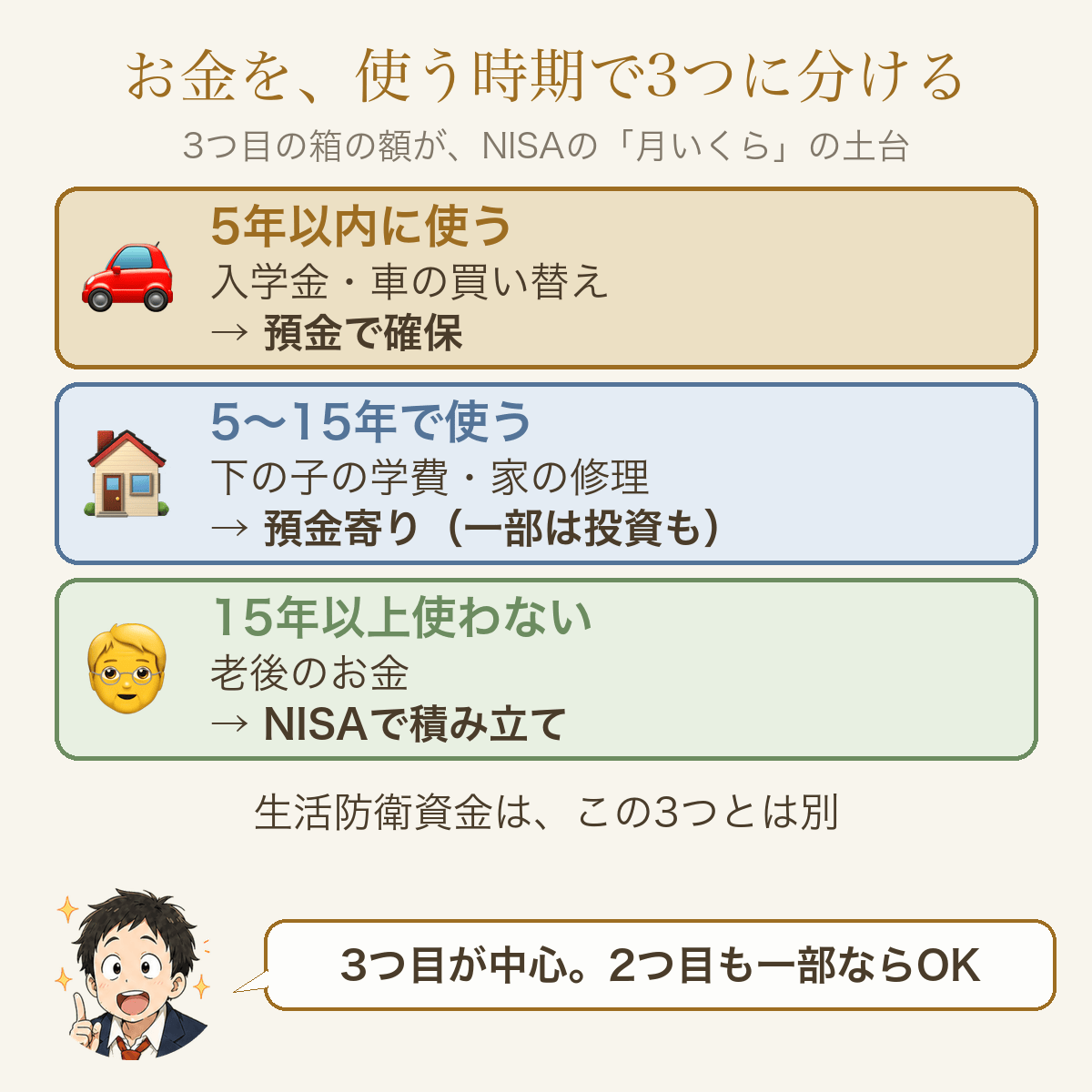 お金を5年以内・5〜15年・15年以上の3つの箱に分ける。NISAは3つ目が中心で、2つ目も一部なら入れてよい